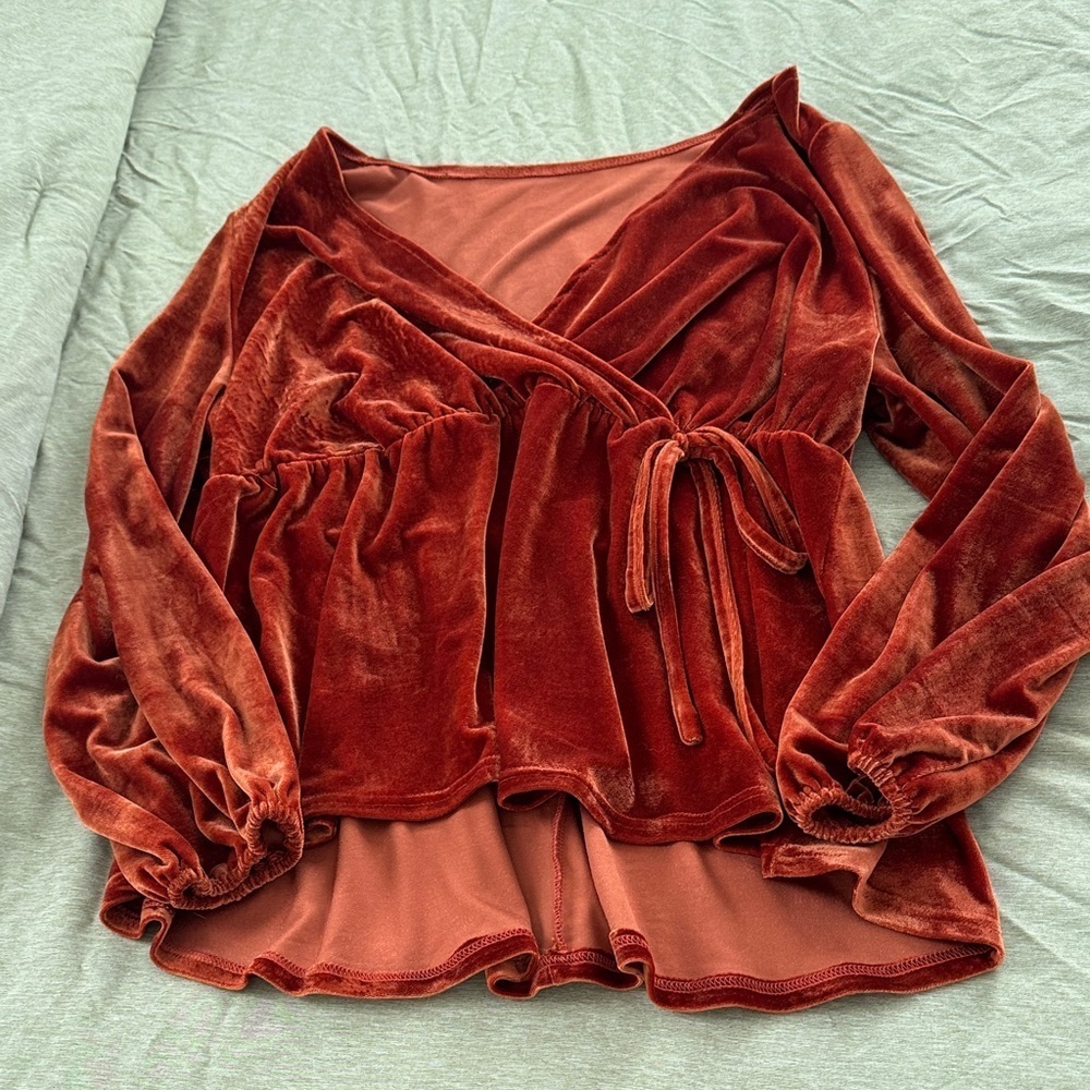 SHEIN Velvet Wrap Blouse in Rich Rust